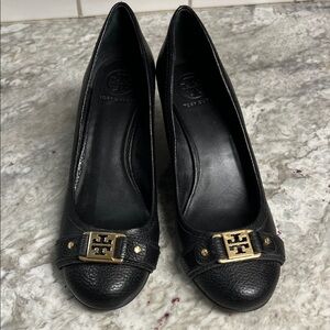 Tory Burch Black Leather Heels with Gold Accents